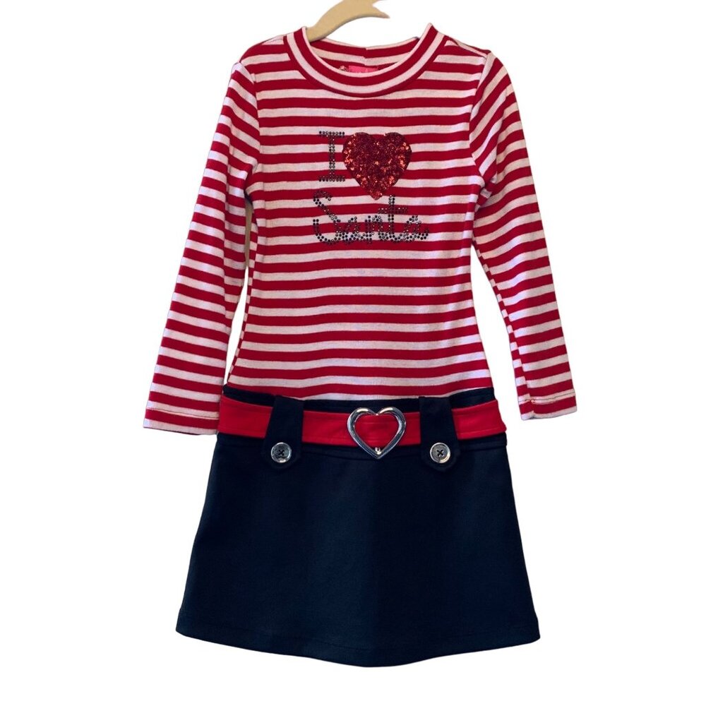 PINKY I Love Santa Christmas Dress Girls 6 Retro Drop Waist Candy Cane Stripes